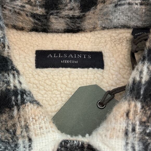 All Saints Cayuga Jacket Mens Medium Ecru Plaid Wool Blend Lined Shacket Button - Picture 11 of 16